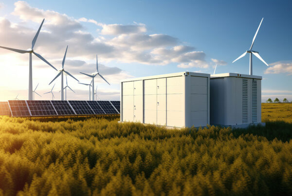 A battery energy storage system with wind turbines and solar PV panels in a grassy field.