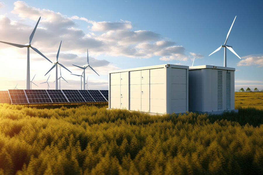 A battery energy storage system with wind turbines and solar PV panels in a grassy field.