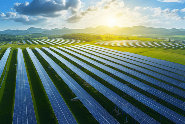 A large solar PV installation with rows of solar panels on a grassy field under a blue sky with low mountains in the distance.