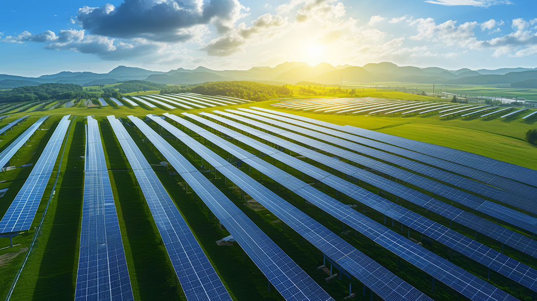 A large solar PV installation with rows of solar panels on a grassy field under a blue sky with low mountains in the distance.