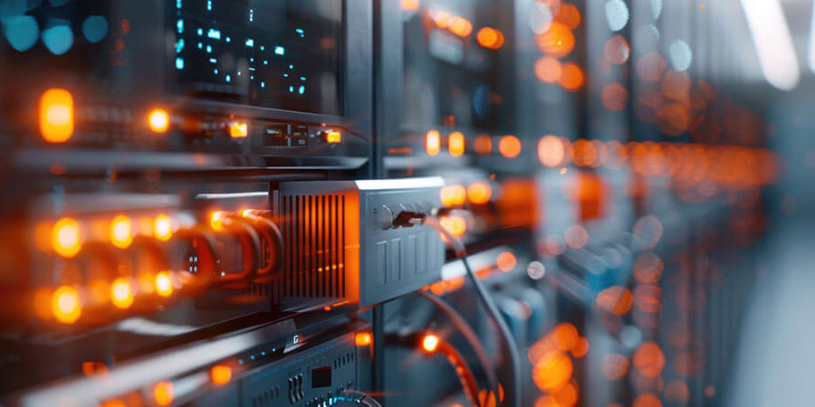 Blurry led lights shine orange on a bank of energy generation monitoring and switchgear equipment.