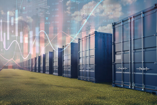 Battery storage containers in a field overlayed with a profit chart