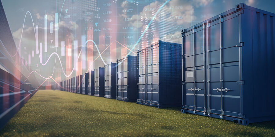 Battery storage containers in a field overlayed with a profit chart