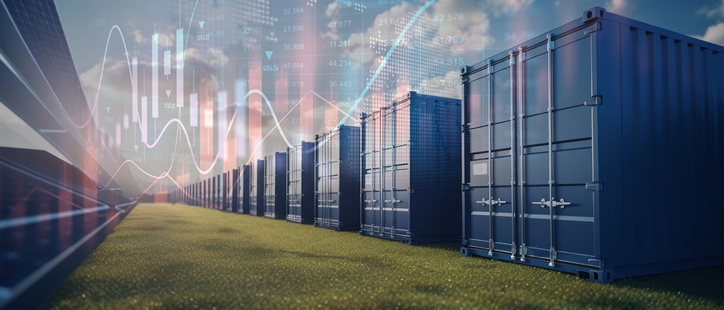 Battery storage containers in a field overlayed with a profit chart