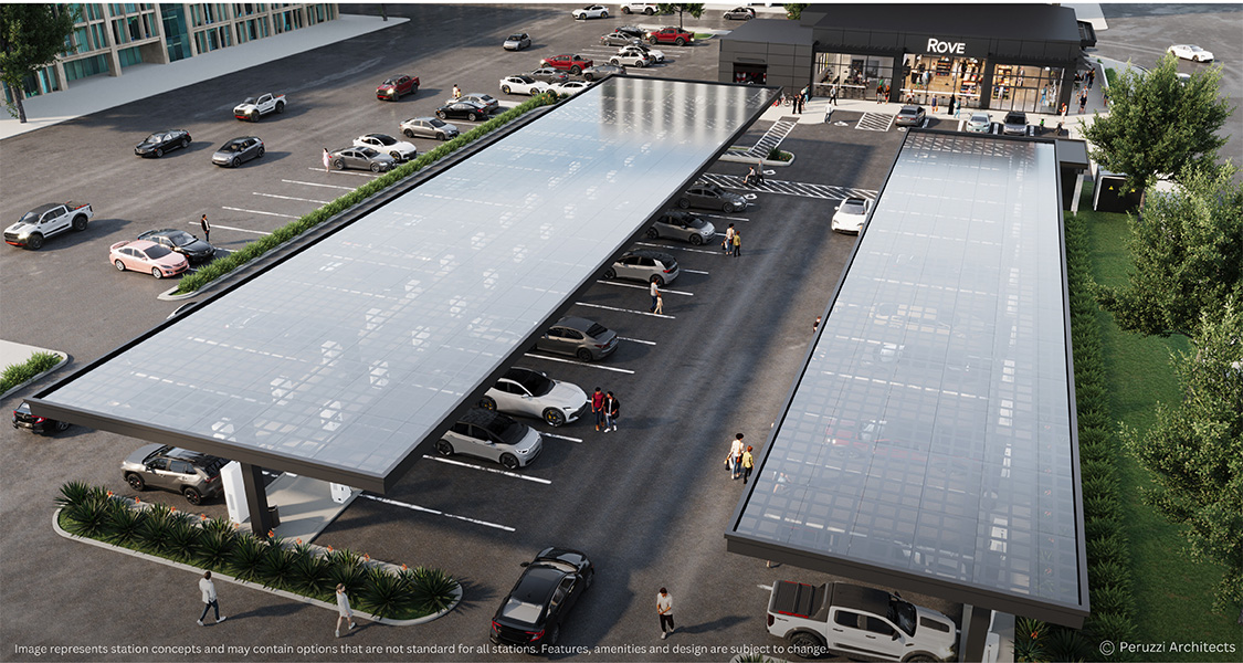 Concept rendering for Rove full-service charging center with dozens of EV charging stations under solar canopies, plus a car wash and small market.